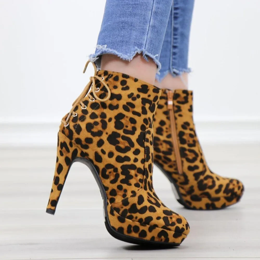 Leopard Back Lace Suede Heeled Ankle platform Booties - Picture 6 of 12